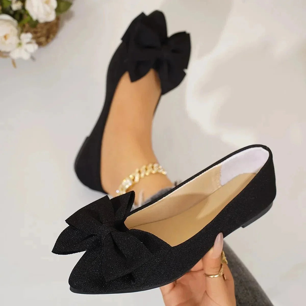 Bow Point Toe Flats Slip - Ons - VILLA FASHION